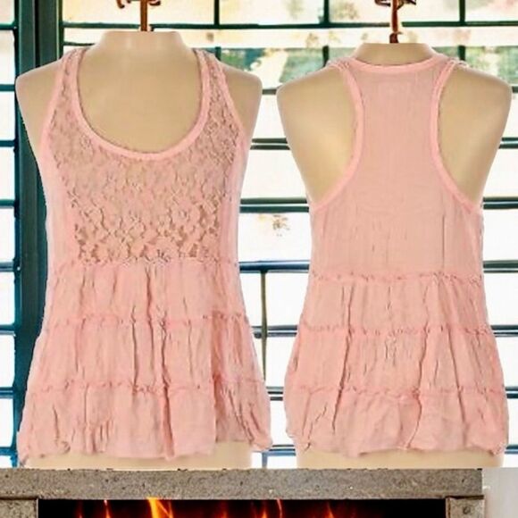 Hollister Top Pink Sheer Floral Lace Trim Sheer Tiered Racerback Tank Size XS - Picture 2 of 16
